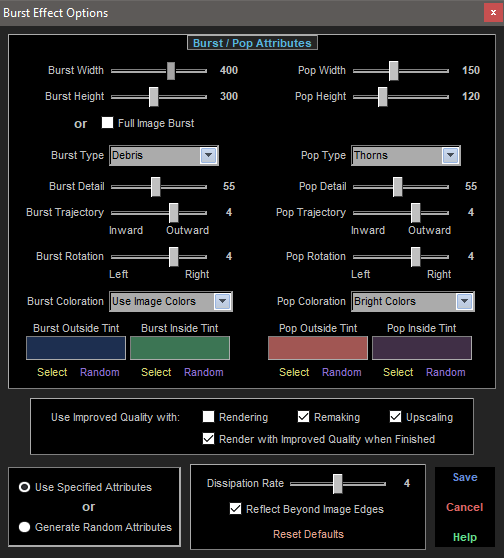 Burst Effect Options Screen